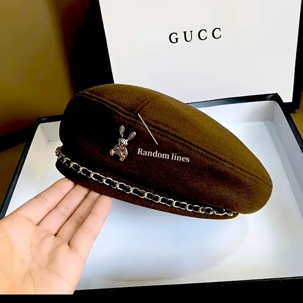 NWT Brown Classic Beret w/Gold Chain & Bunny Rabbit